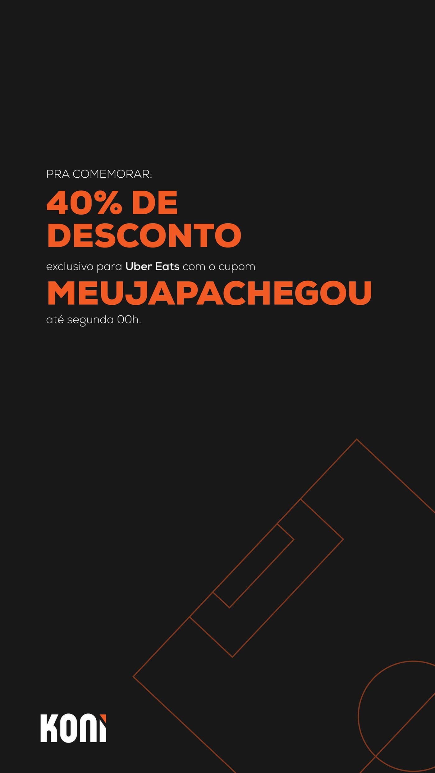 Story do Koni: pra comemorar, 40% de desconto exclusivo para Uber Eats com o cupom MEUJAPACHEGOU, até segunda 00h