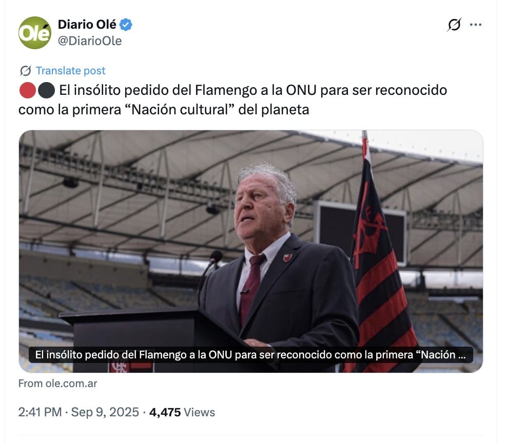 Matéria do Diario Olé, da Argentina: El insólito pedido del Flamengo a la ONU