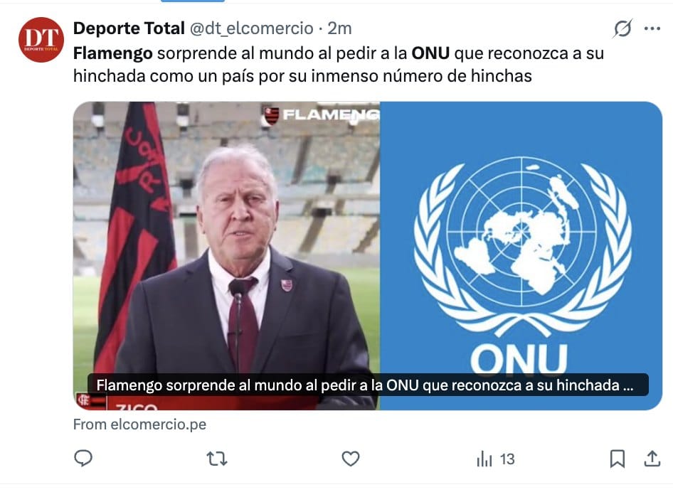 Matéria do Deporte Total, do El Comercio, do Peru: Flamengo sorprende al mundo al pedir a la ONU