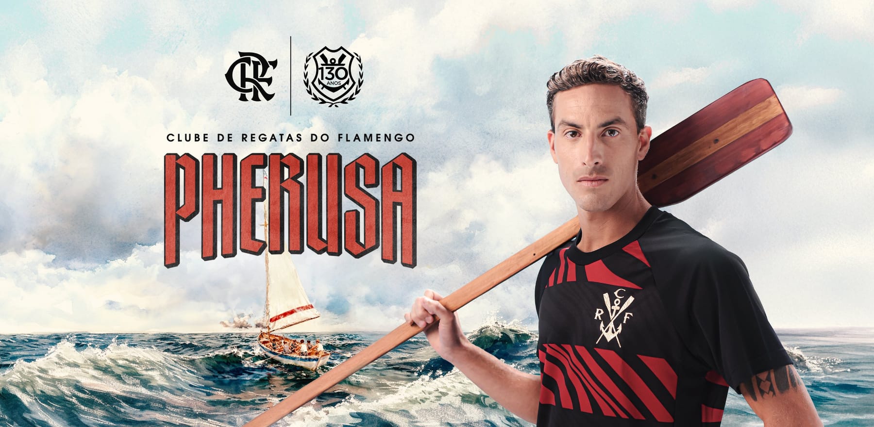Peça wide: remador com a camisa Pherusa e o remo, sobre o mar