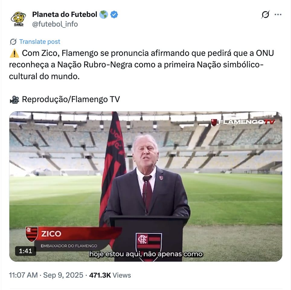Post do Planeta do Futebol sobre o pronunciamento de Zico, com 471,3 mil visualizações
