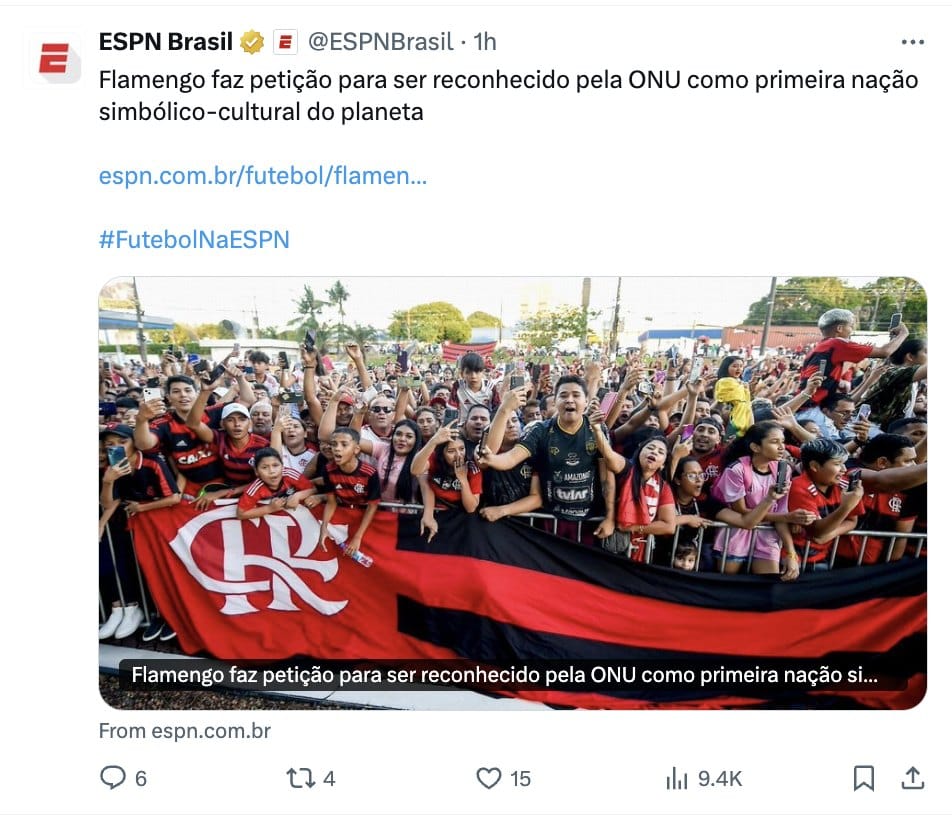Post da ESPN Brasil sobre a petição do Flamengo para ser reconhecido pela ONU