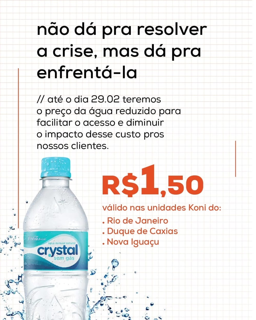 Post do Koni anunciando água mineral a R$ 1,50 durante a crise de abastecimento